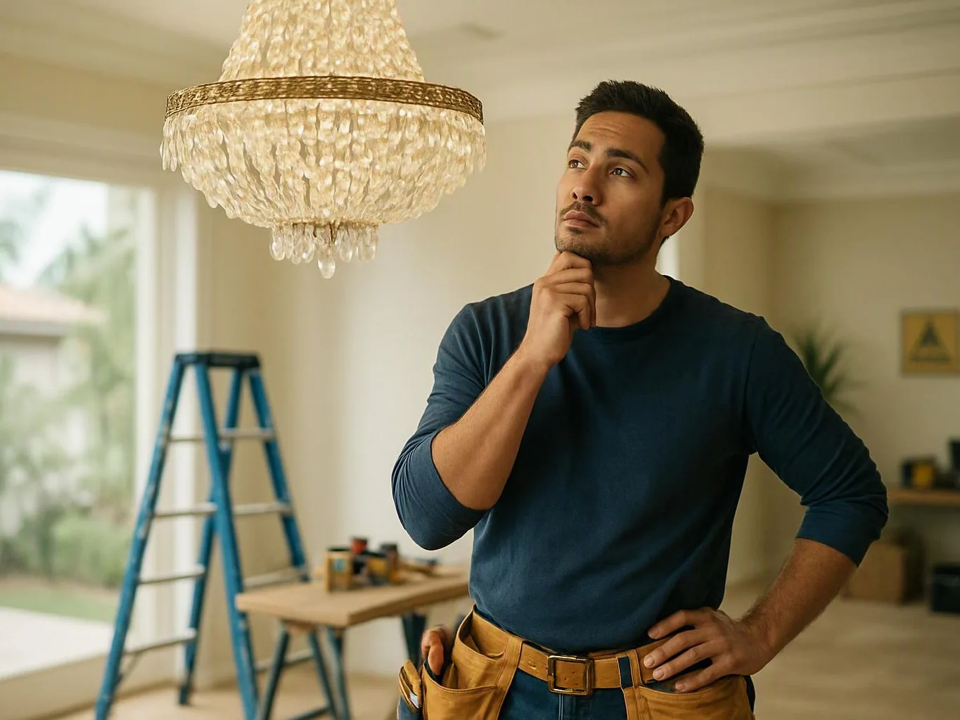 A man in a room studies a chandelier while standing near a ladder and work table