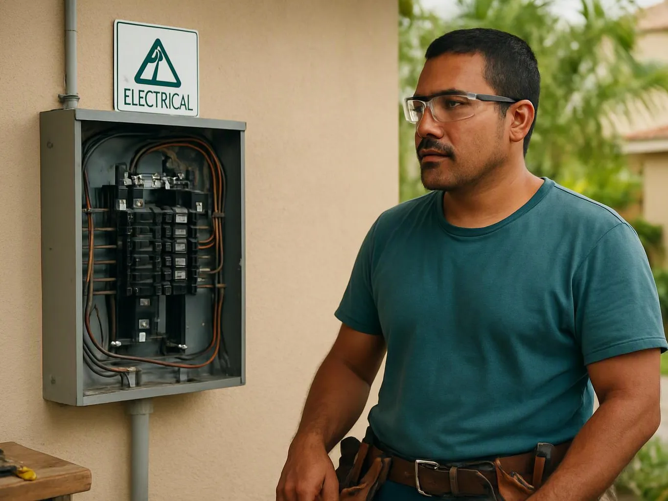 A man in safety glasses stands beside an open electrical panel mounted on a wall