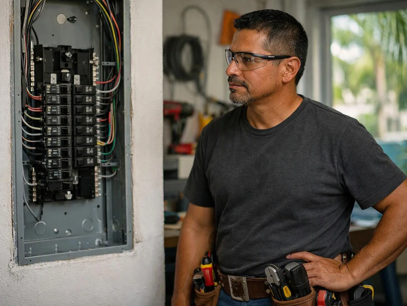 A man in safety glasses stands beside an open electrical breaker panel inside a workshop