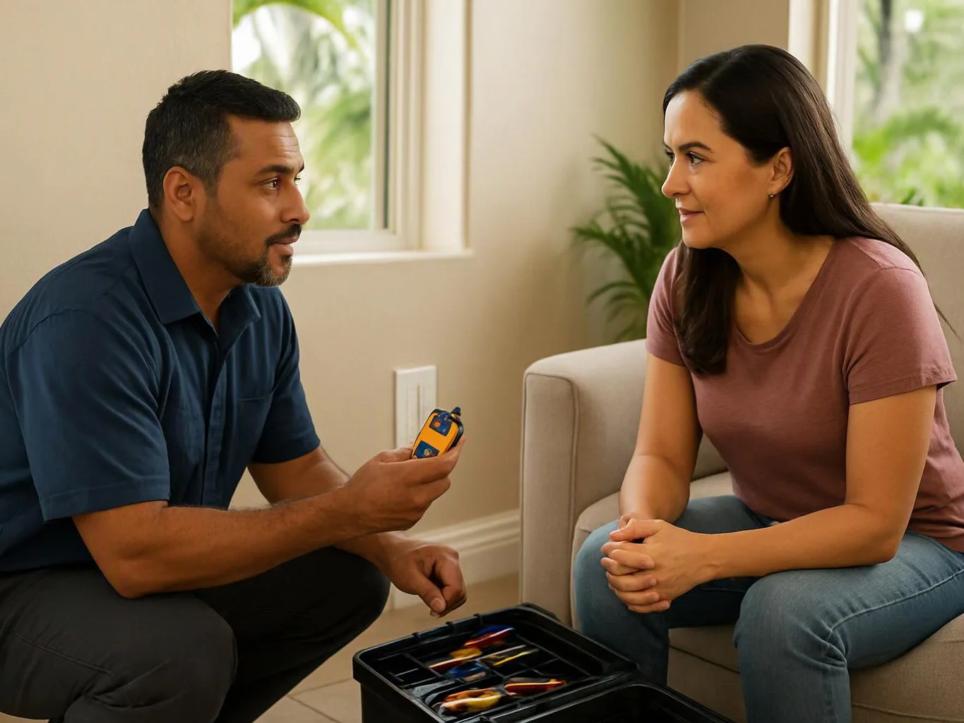 A man shows a small device to a woman as they talk beside an open case in a bright living room