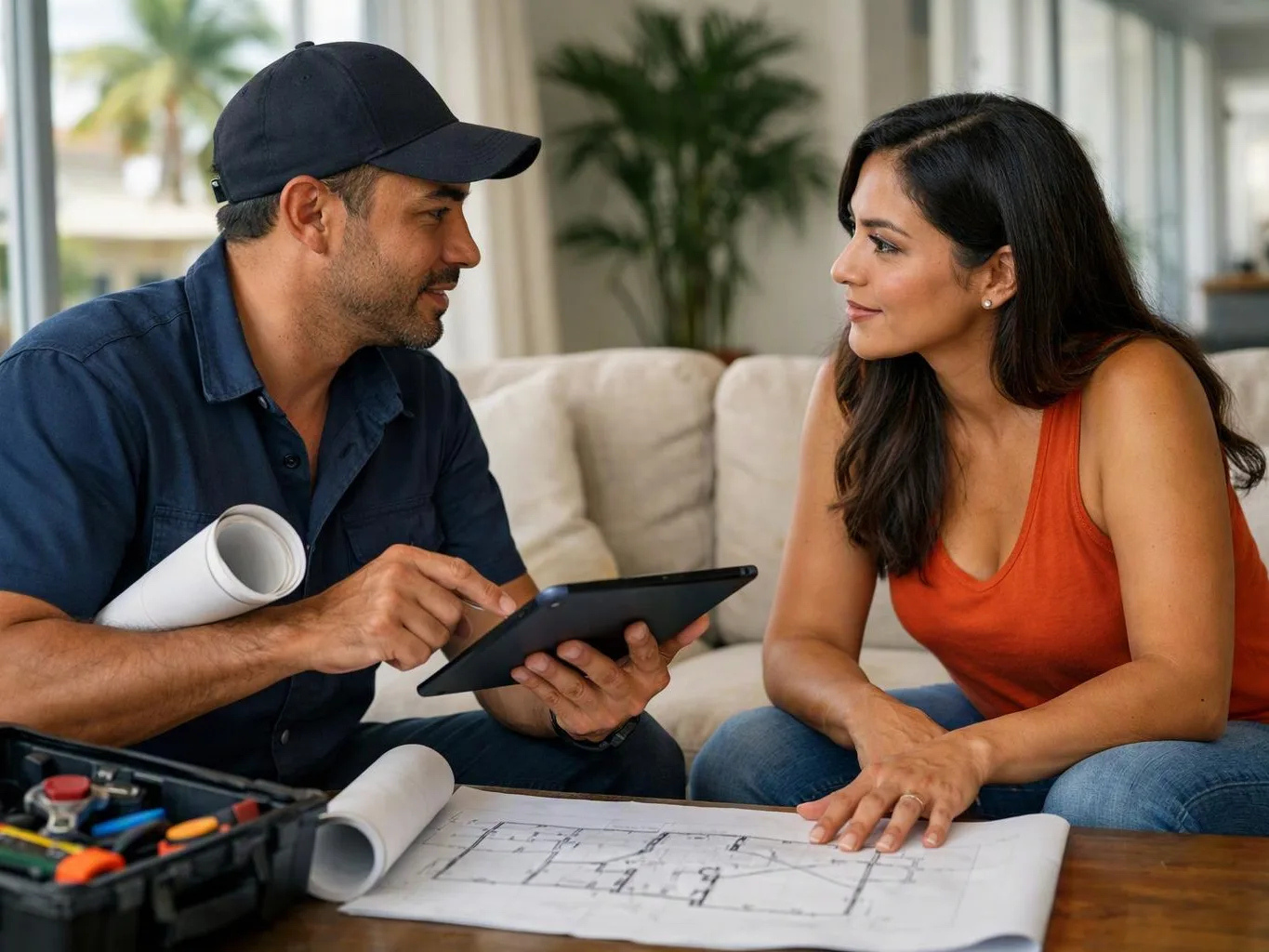 A man shows a tablet and floor plan to a woman on a couch in a bright living room