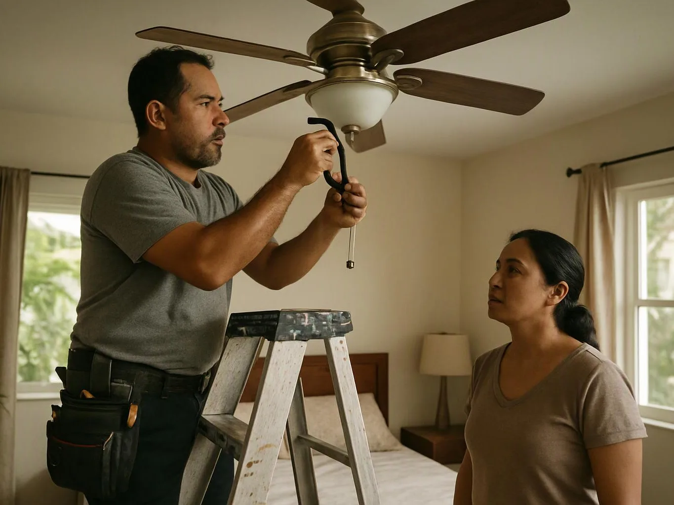 A man stands on a ladder tightening a ceiling fan while a woman watches in a bedroom