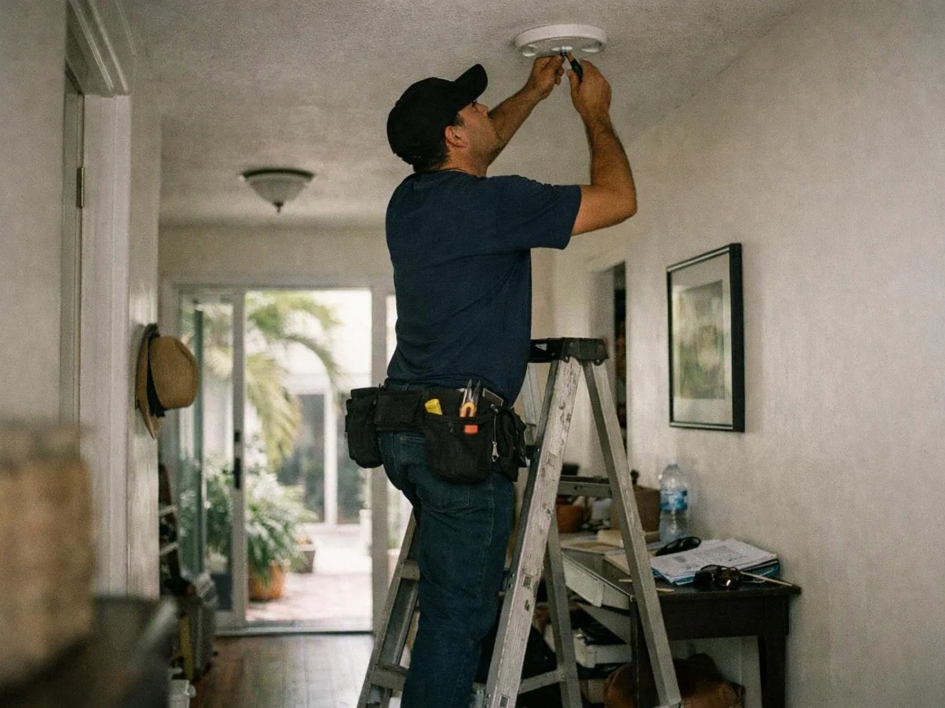 A man stands on a ladder tightening a ceiling fixture in a narrow hallway