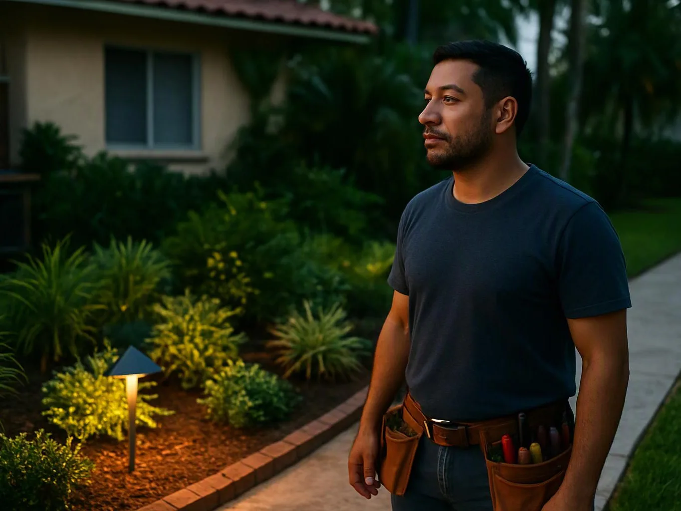 A man stands on a walkway beside lit garden plants, wearing a tool belt and looking right