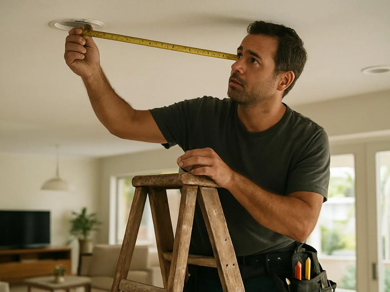 A man stands on a wooden step ladder, measuring the ceiling with a tape measure in a bright living room