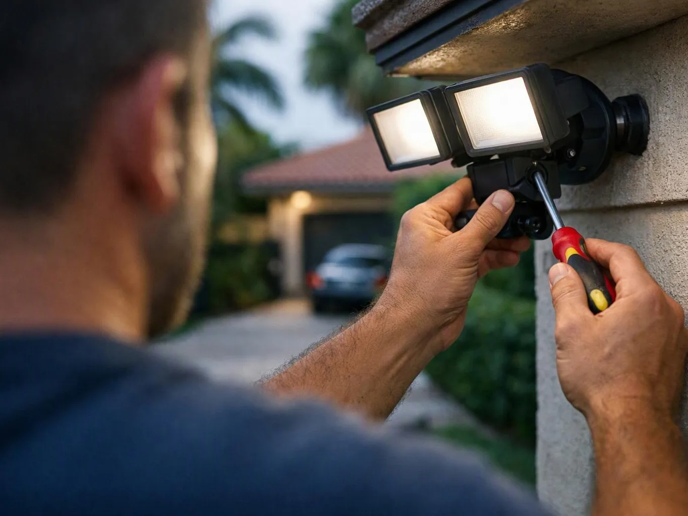 A man tightens a dual floodlight on an exterior wall with a screwdriver near a driveway