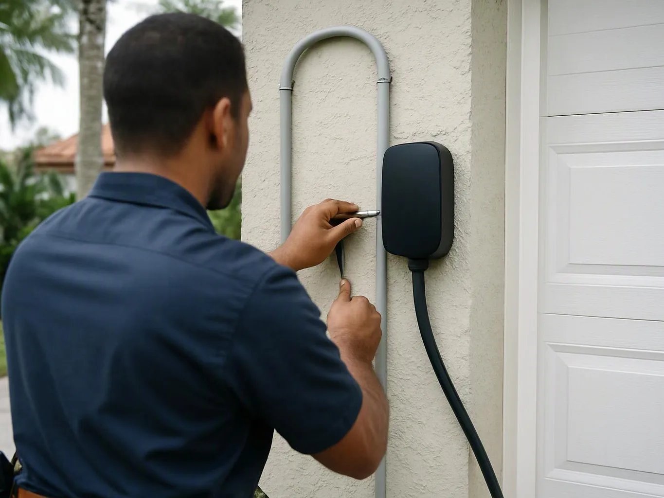 A man works on a wall-mounted charging unit beside a white garage door