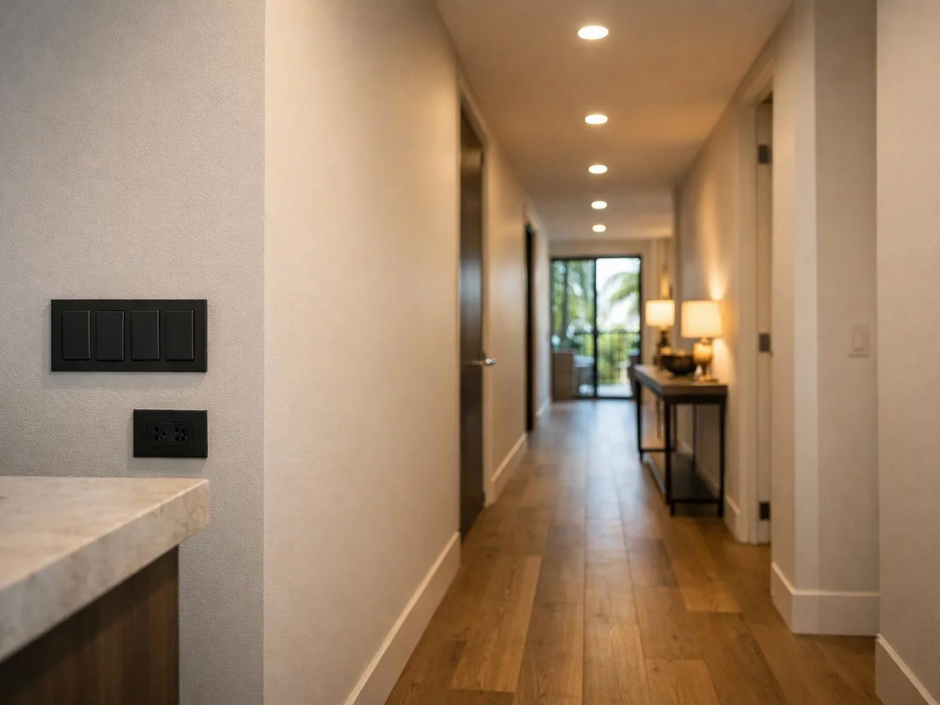 A modern hallway with wood floors, recessed lights, and a console table leads to a bright glass door