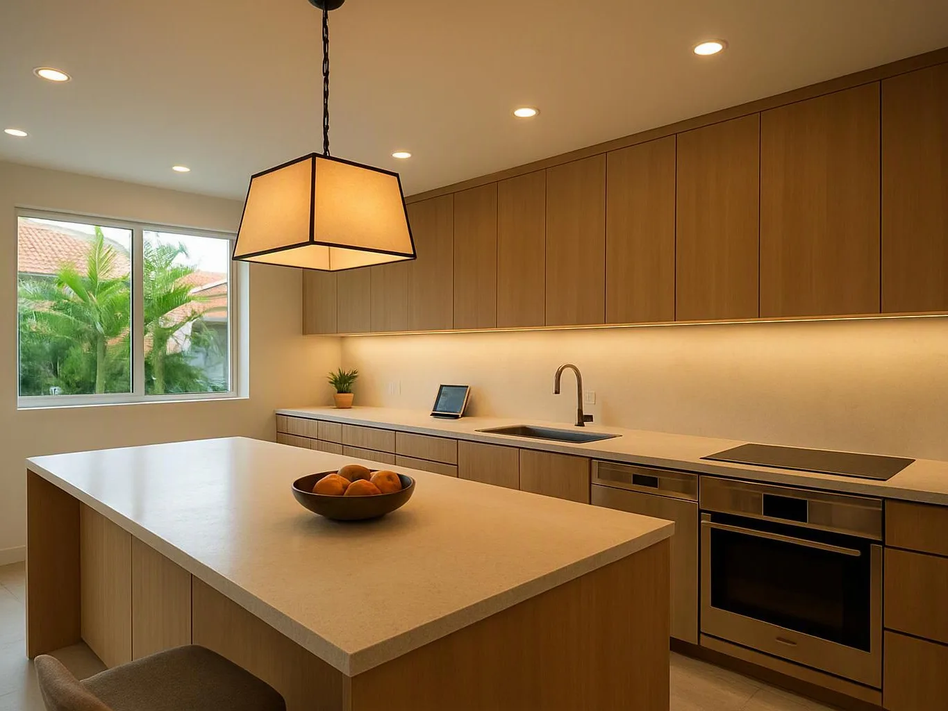 A modern kitchen with wood cabinets, a large island, a hanging lamp, and a window showing palm trees