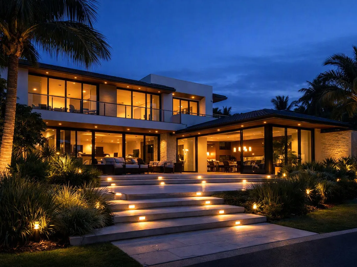 A modern two-story house glows at dusk, with lit steps, palm trees, and large glass windows revealing warm interior rooms