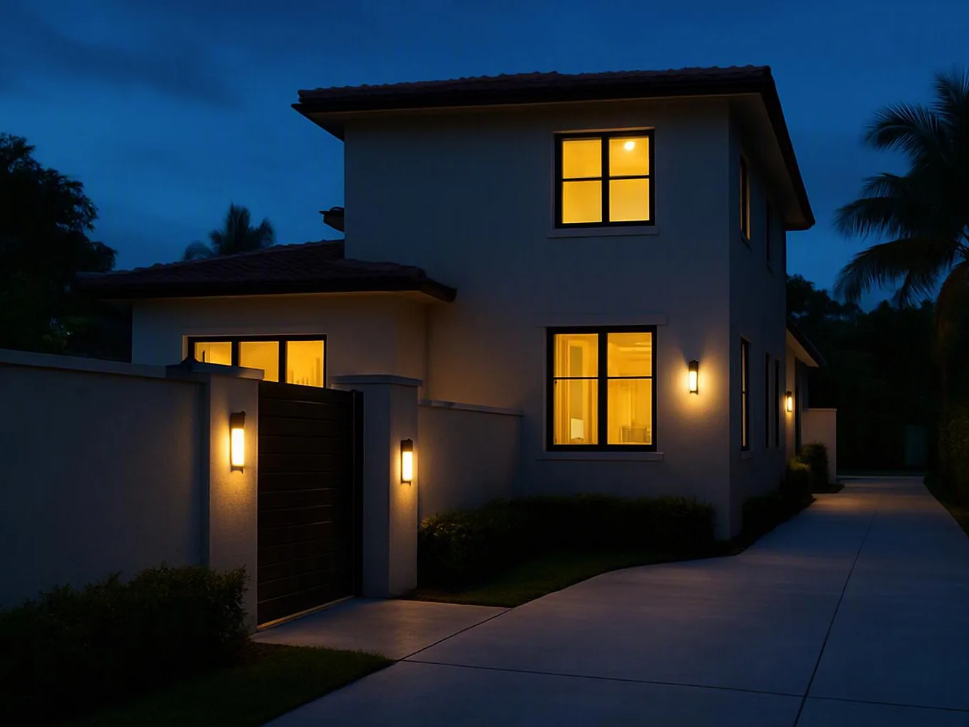 A modern two-story house glows at dusk, with lit windows, wall lights, a gate, and a long driveway