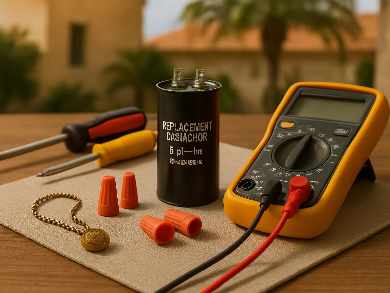 A multimeter, screwdriver, wire nuts, and a replacement capacitor sit on a table outdoors