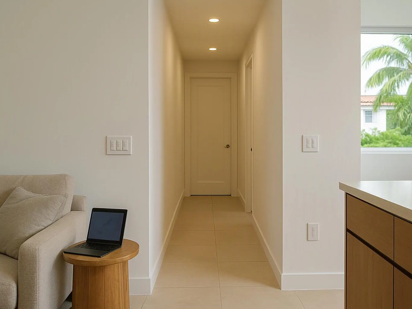 A narrow beige hallway with recessed lights leads to a closed door beside a living room and window view