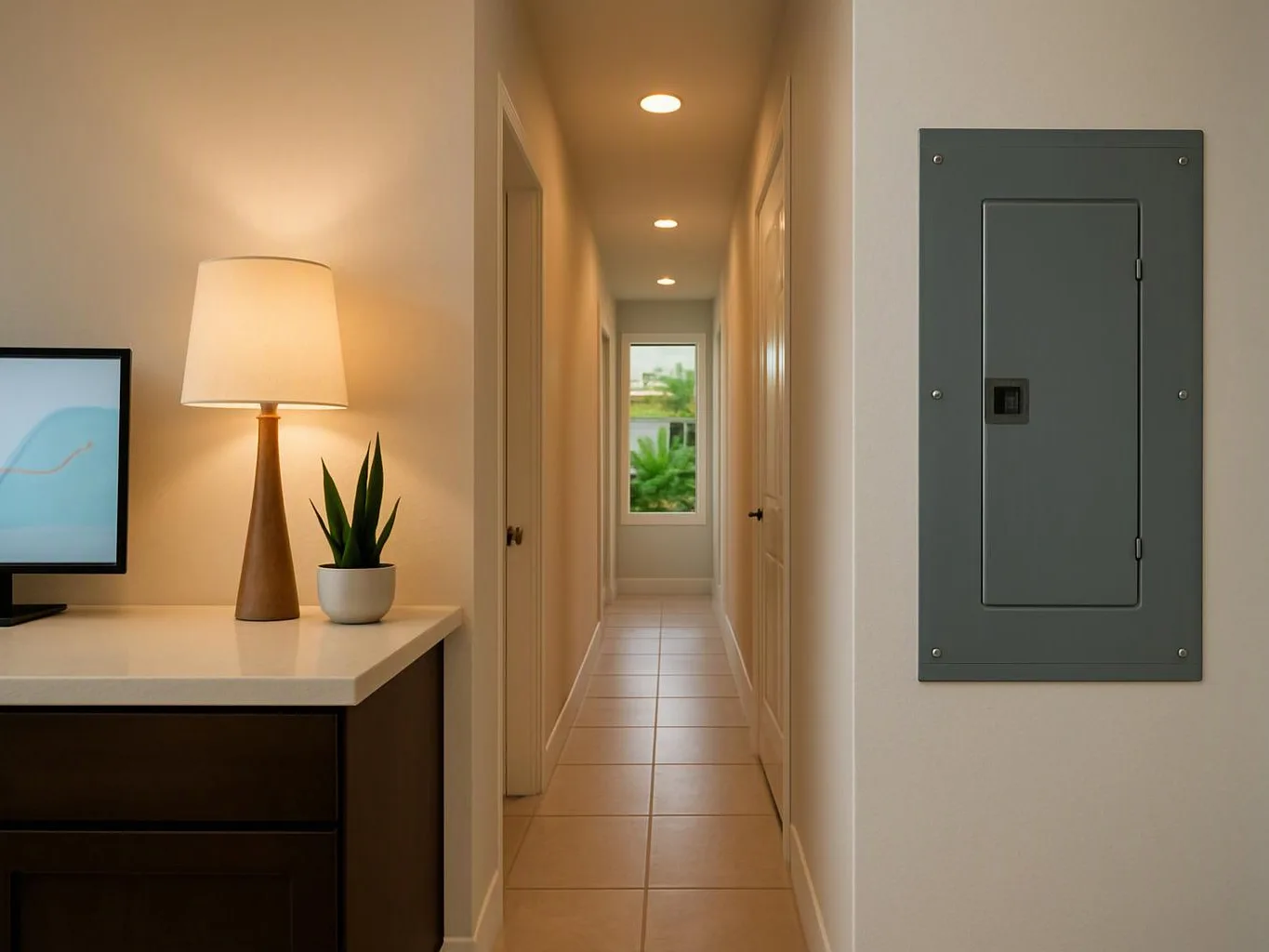 A narrow hallway shows a lit lamp, a small plant, a wall panel, and a window at the far end