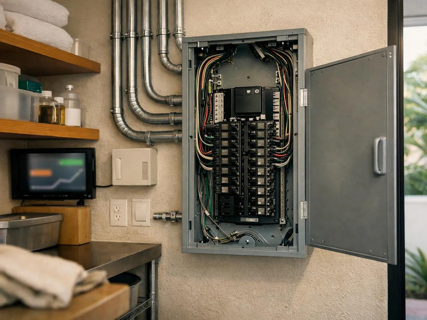 An open electrical breaker panel hangs beside shelves, pipes, and a counter in a small utility room