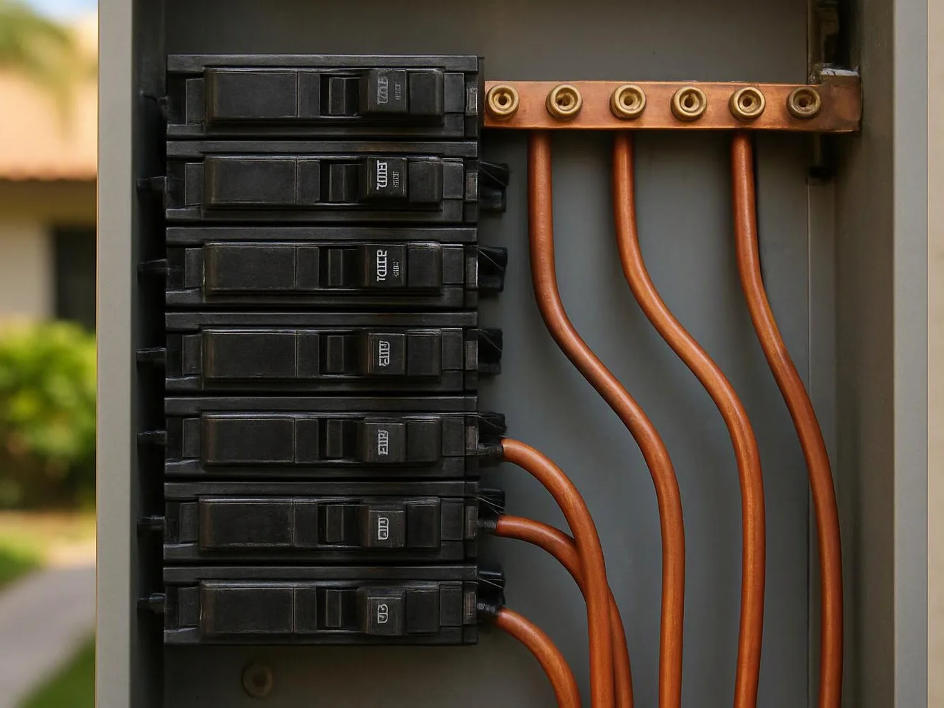 Open electrical panel with black circuit breakers and copper wires mounted on a gray metal board