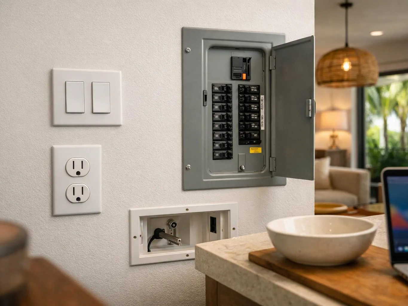 Open electrical panel, light switches, and outlets on a white wall beside a bowl on a kitchen counter