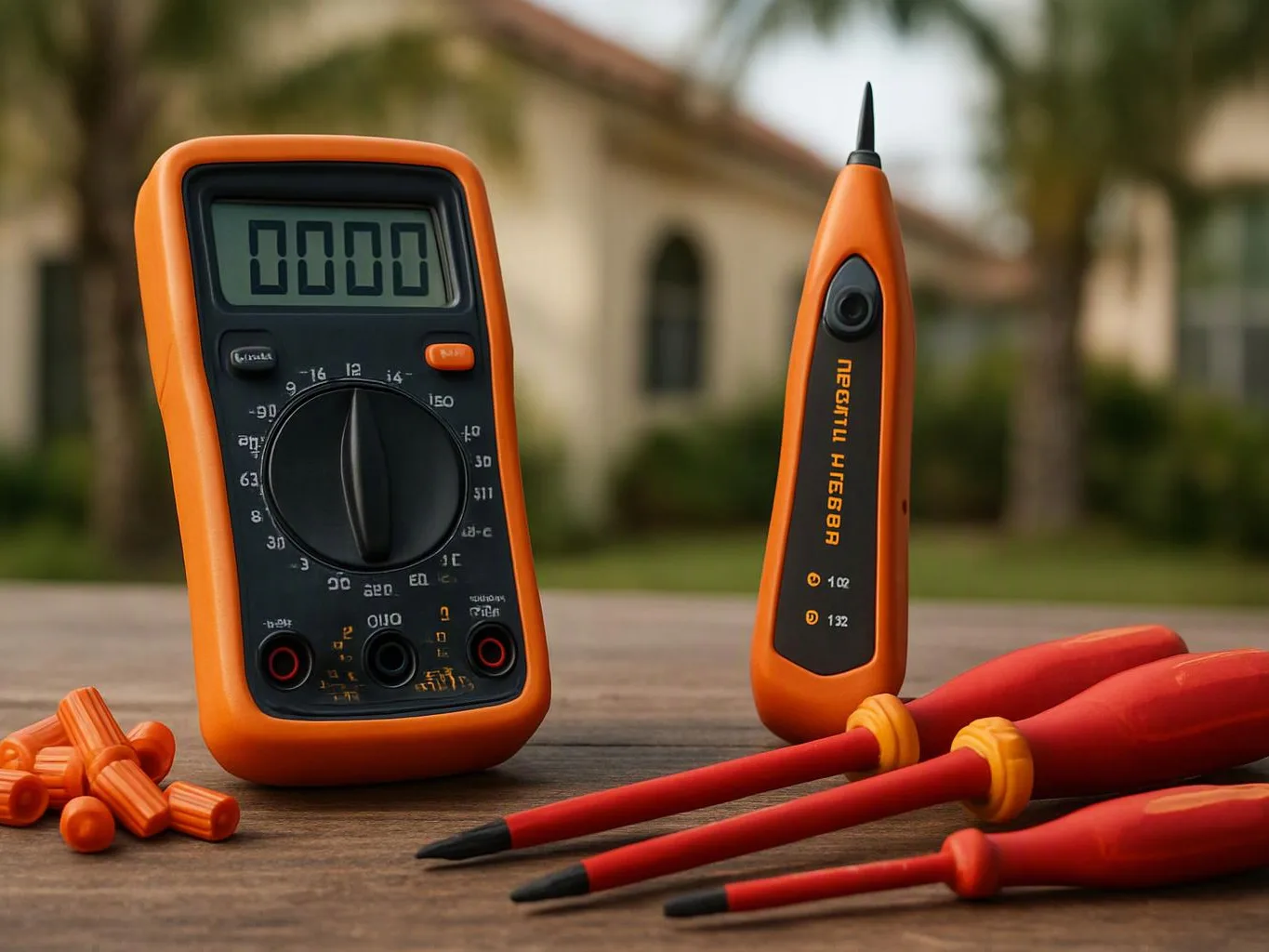 Orange digital multimeter and voltage tester sit on a wooden table with red probes and wire connectors outdoors