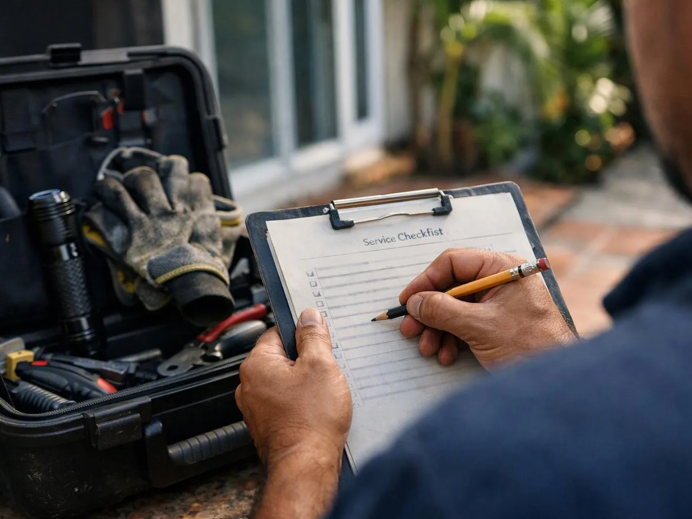 A person fills out a service checklist on a clipboard beside an open toolbox and gloves outdoors