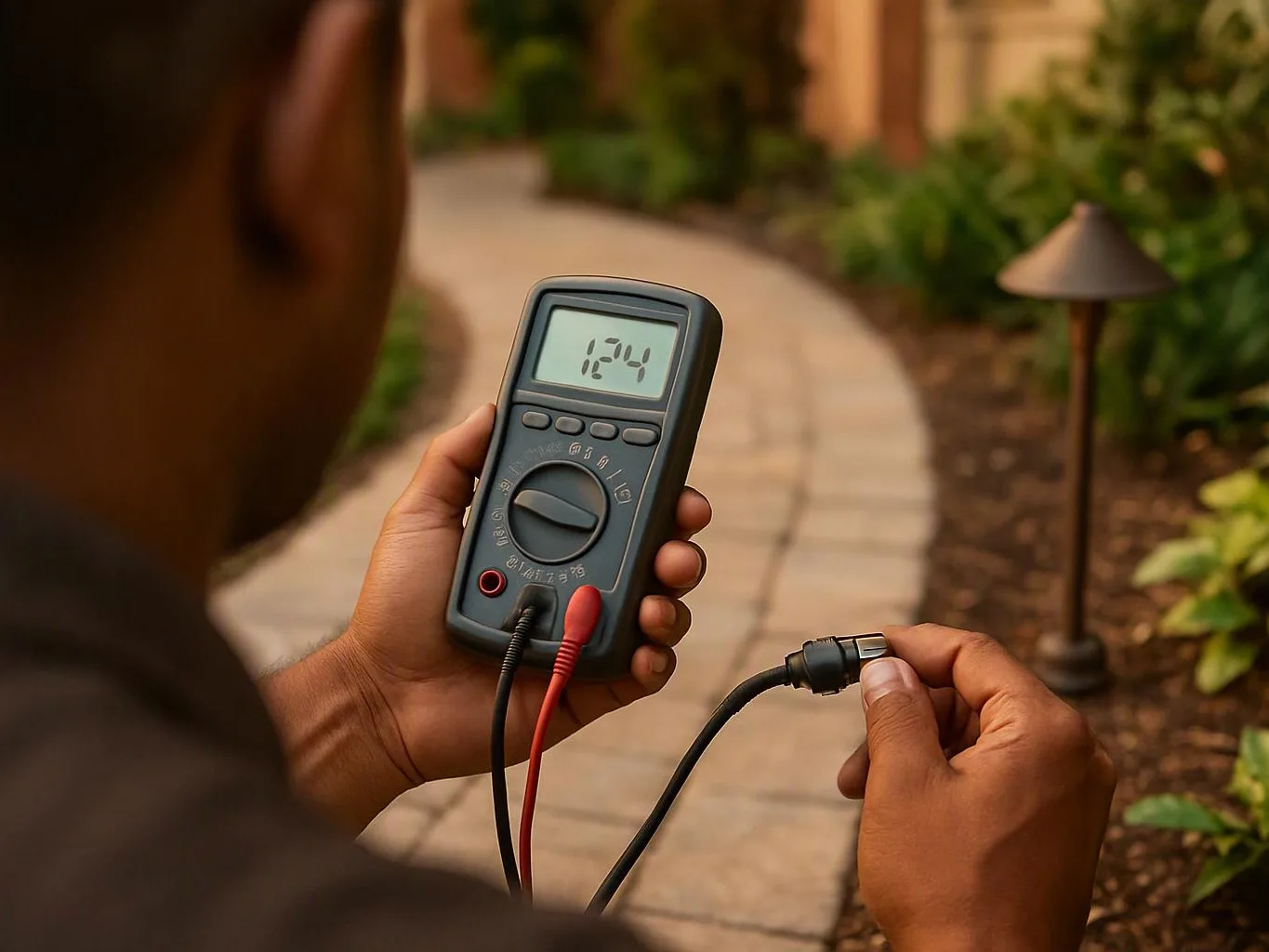 A person holds a digital multimeter and a cable connector on a garden path at dusk