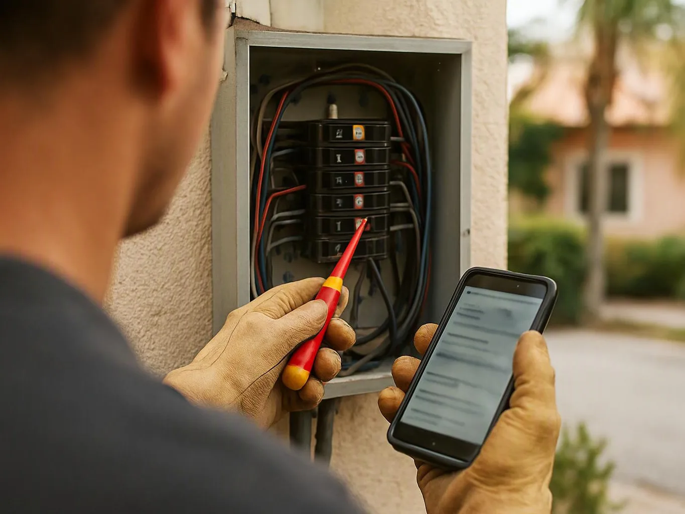 A person inspects an open electrical panel with a probe while holding a smartphone outside a building