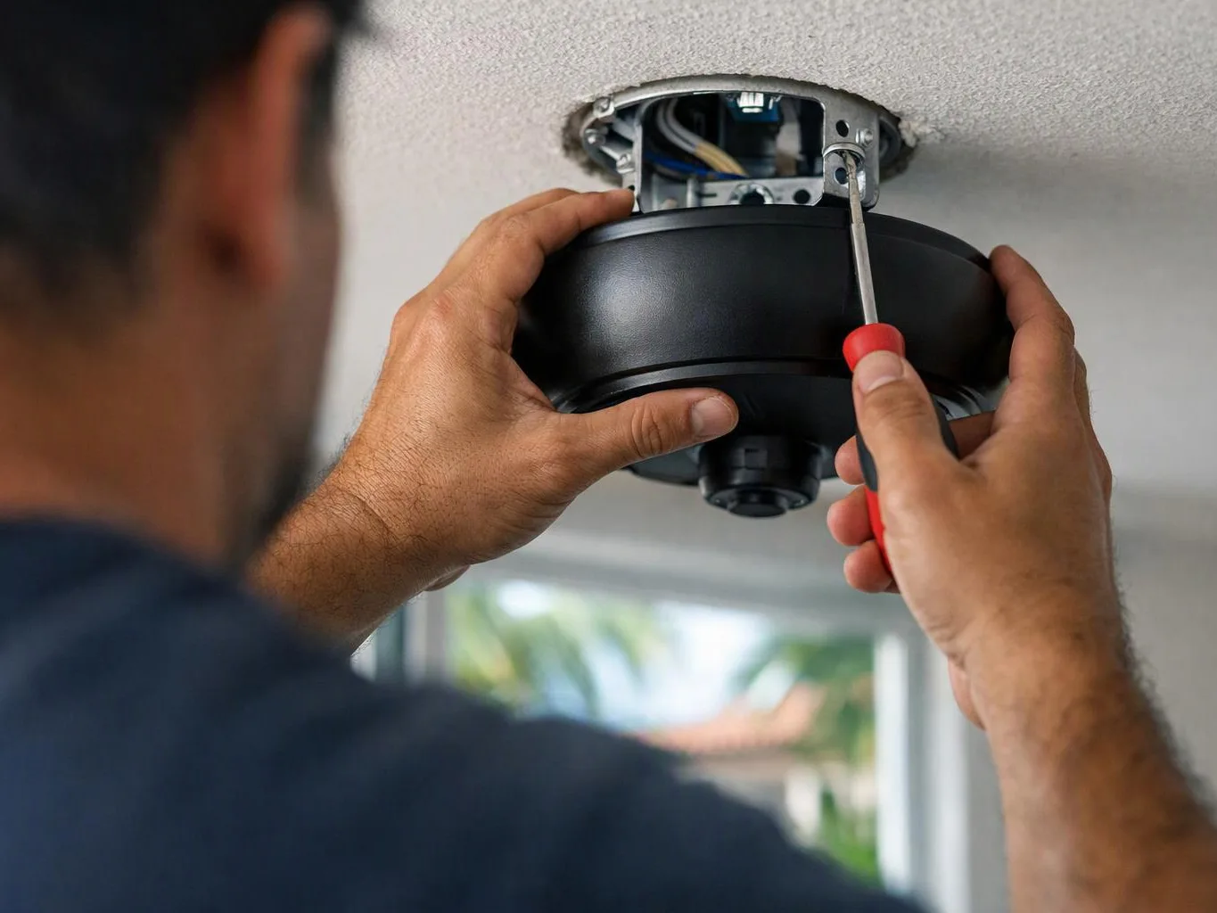 A person installs a black ceiling light fixture with a screwdriver on a white ceiling