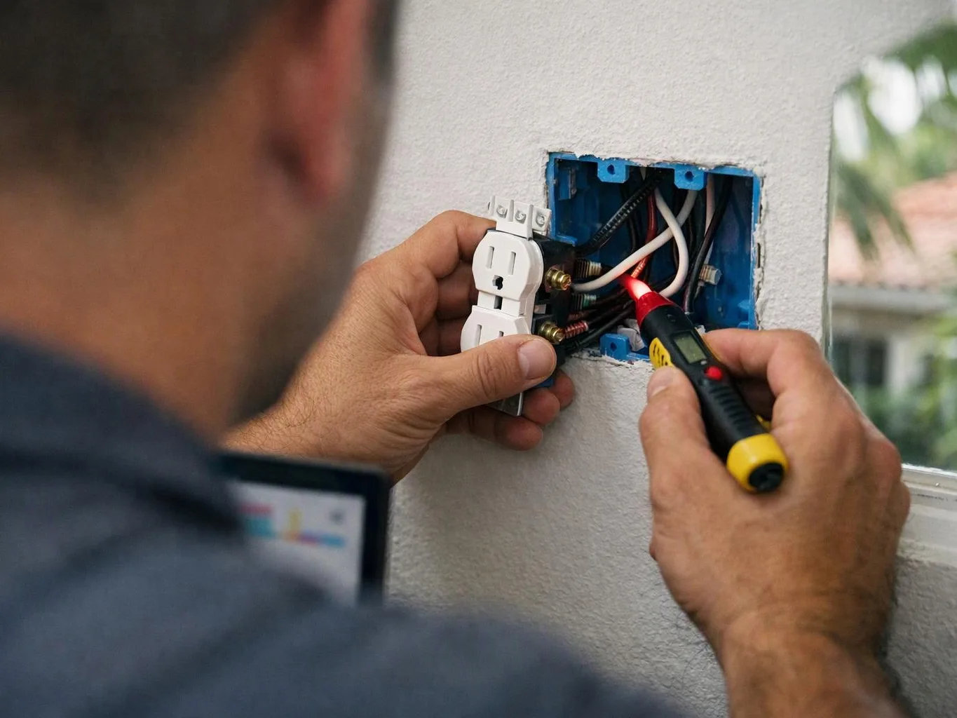 A person installs a wall outlet while testing exposed electrical wires in a blue junction box