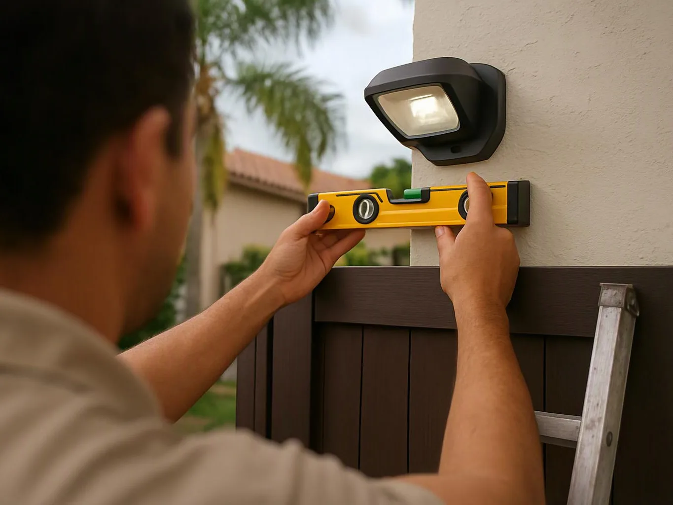 A person levels a fence top with a yellow spirit level beside a wall light and ladder outdoors