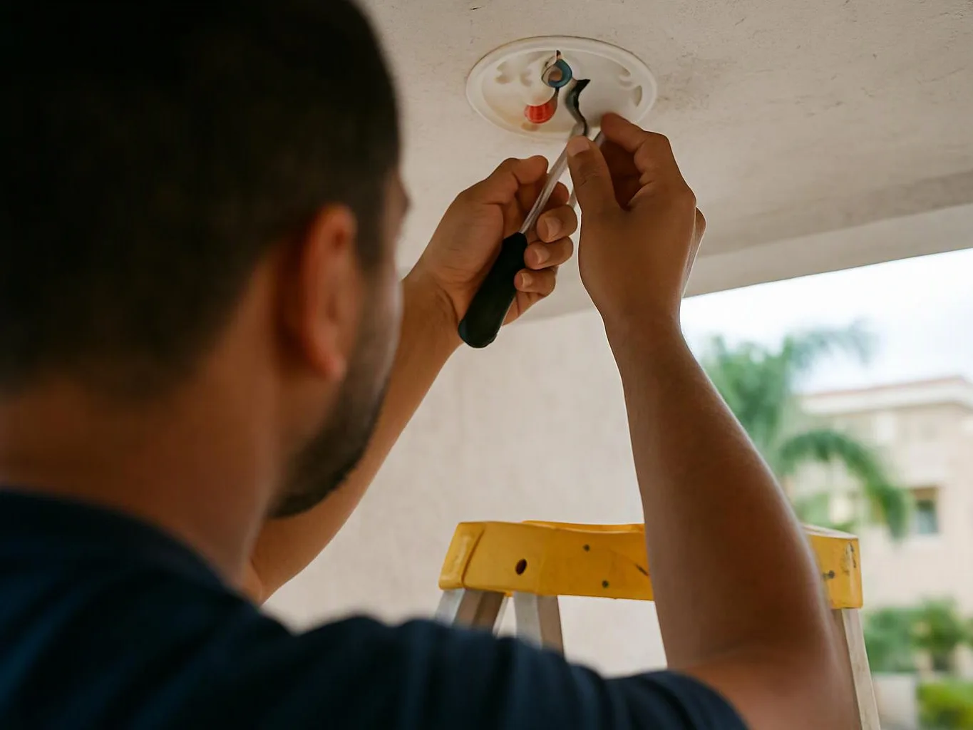 A person stands on a ladder and uses pliers to work on exposed ceiling wires
