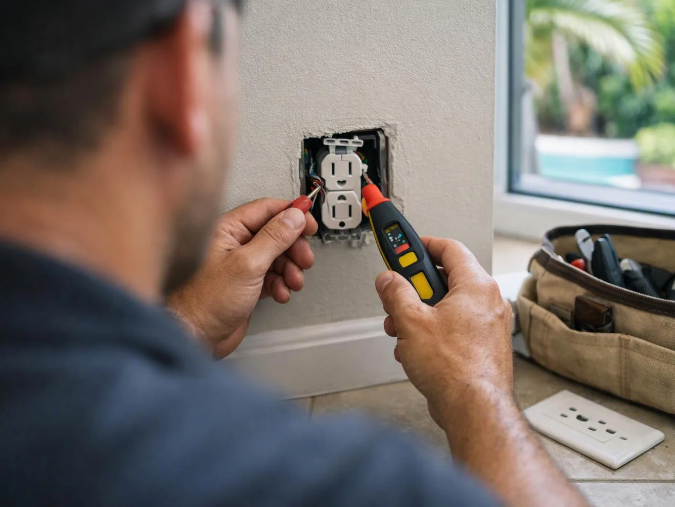 A person tests exposed wall outlet wiring with a voltage tester beside a window
