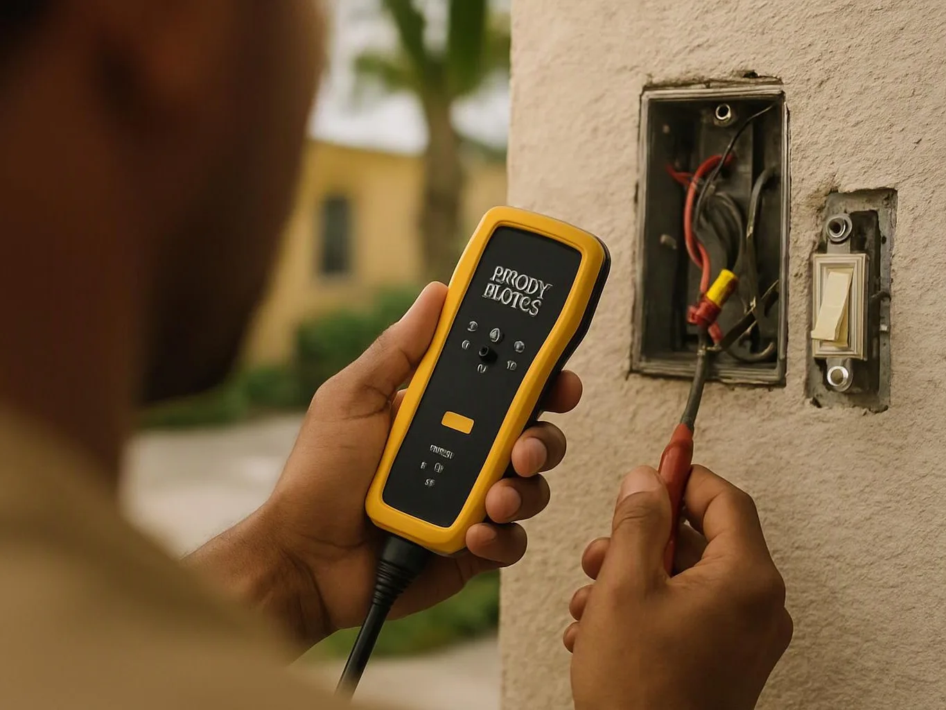 A person tests exposed wall wiring with a yellow electrical device and a red probe outdoors