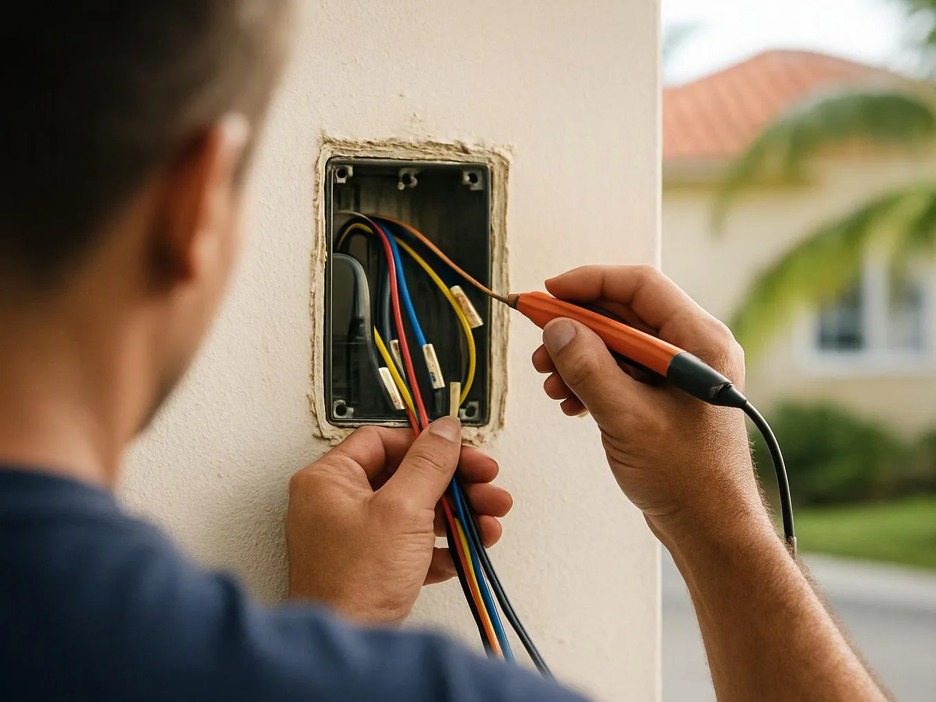 A person tests exposed wires in a wall box with a screwdriver outside a house
