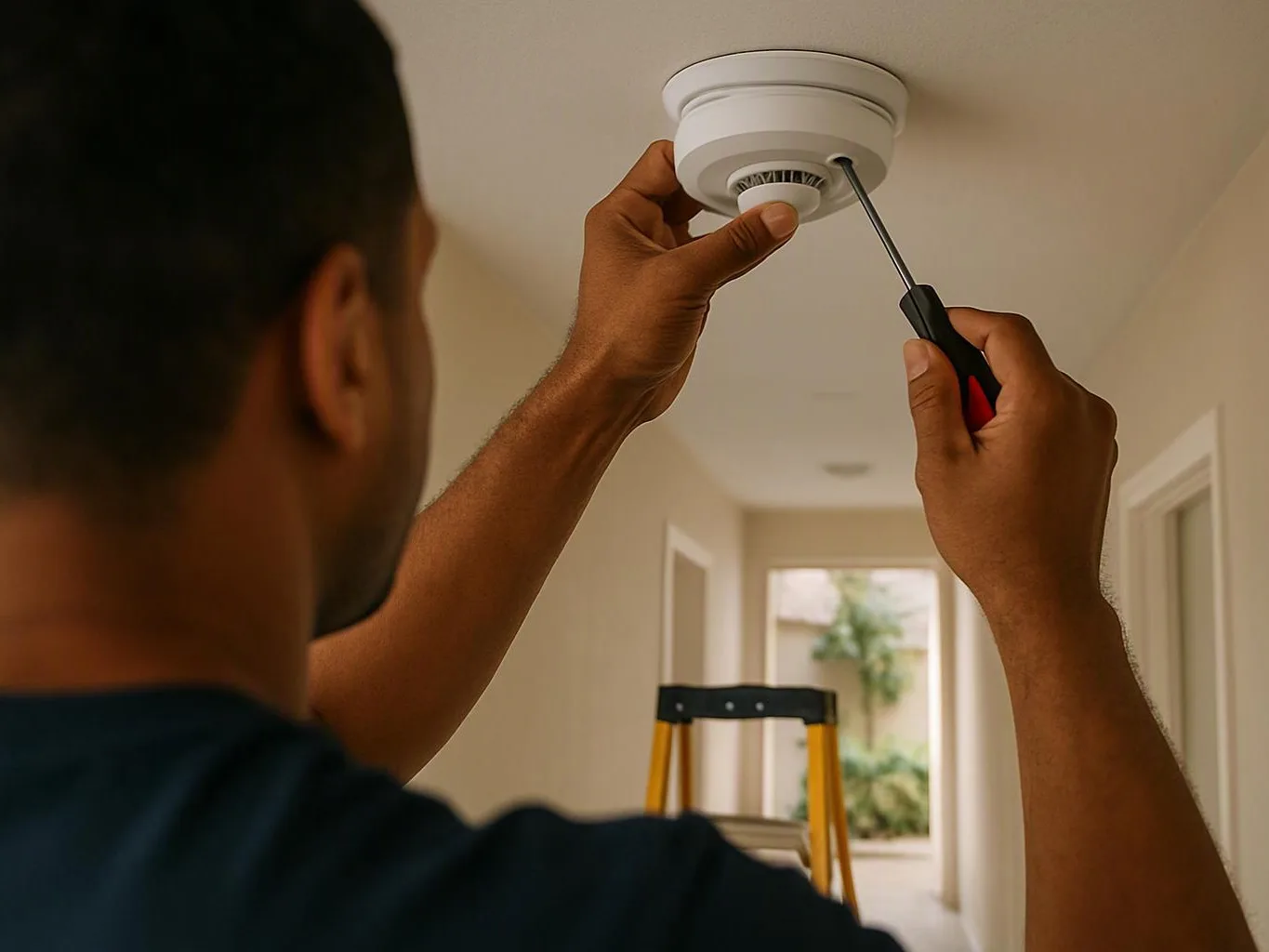 A person uses a screwdriver to adjust a ceiling smoke detector in a hallway, with a step ladder below