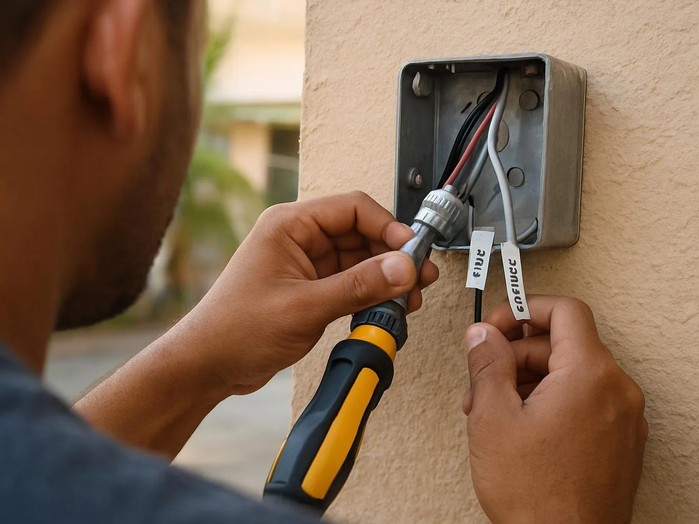 A person uses a screwdriver to work on exposed electrical wires inside a wall box