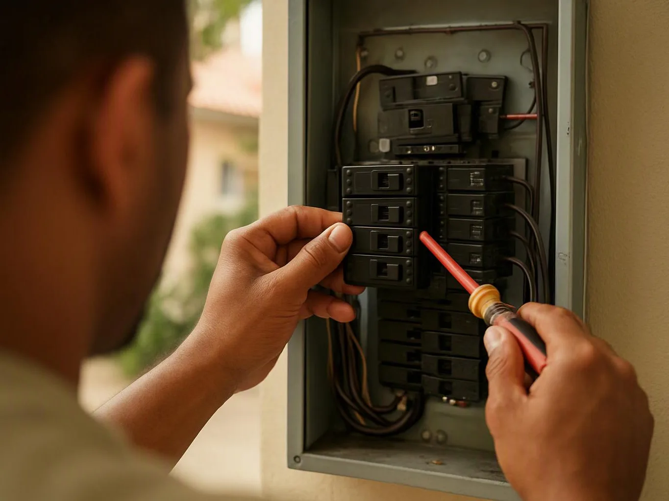 A person uses a screwdriver to work inside an open electrical breaker panel outdoors