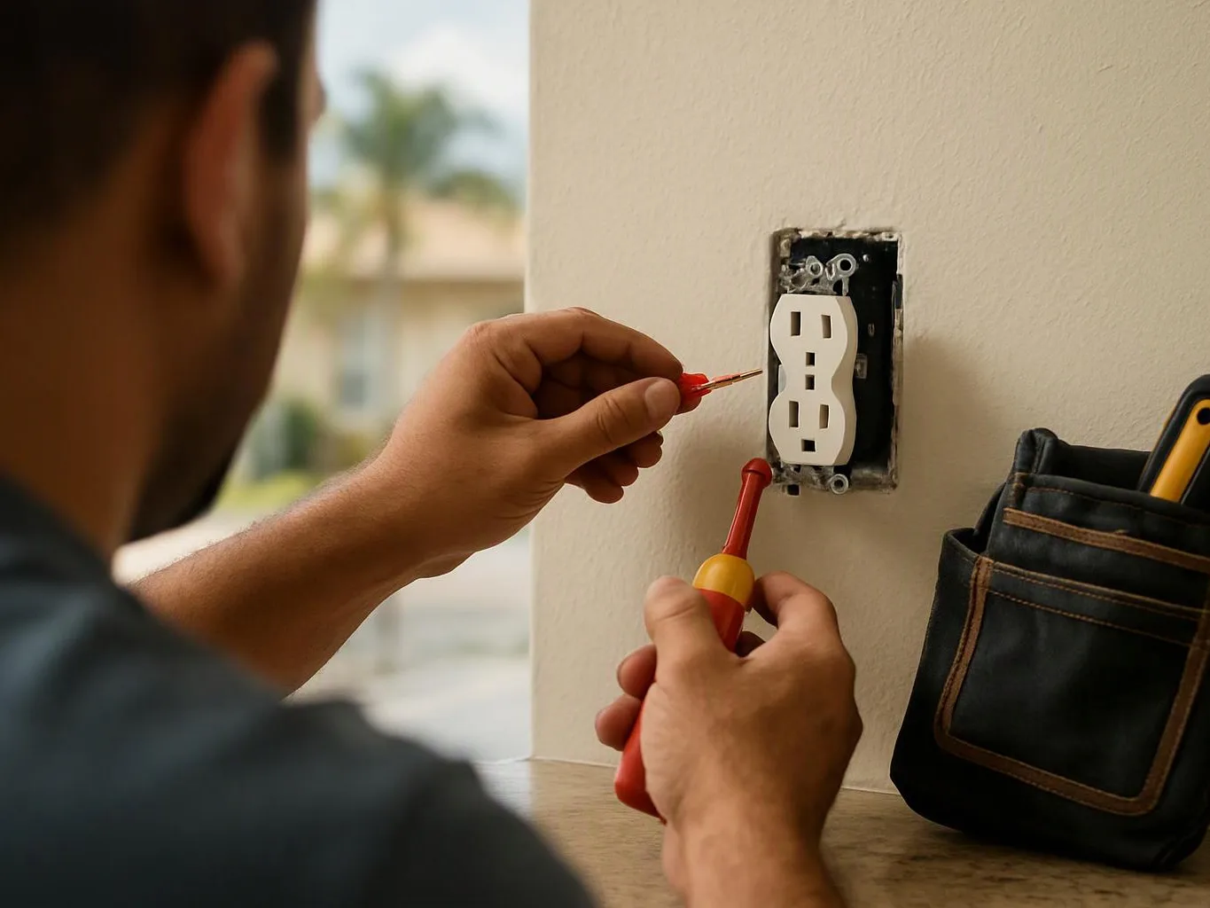 A person uses a screwdriver to work on a wall outlet beside a tool bag