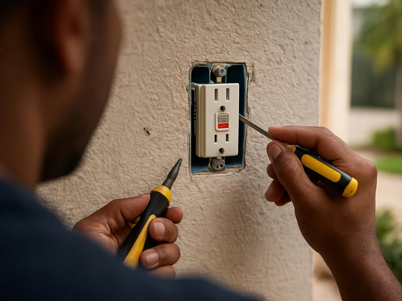 A person uses two screwdrivers to work on a wall outlet on a textured exterior wall