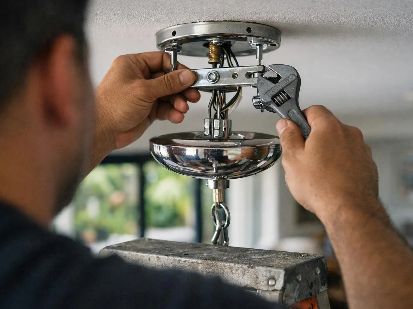 A person uses a wrench to adjust a ceiling light fixture while standing on a step stool