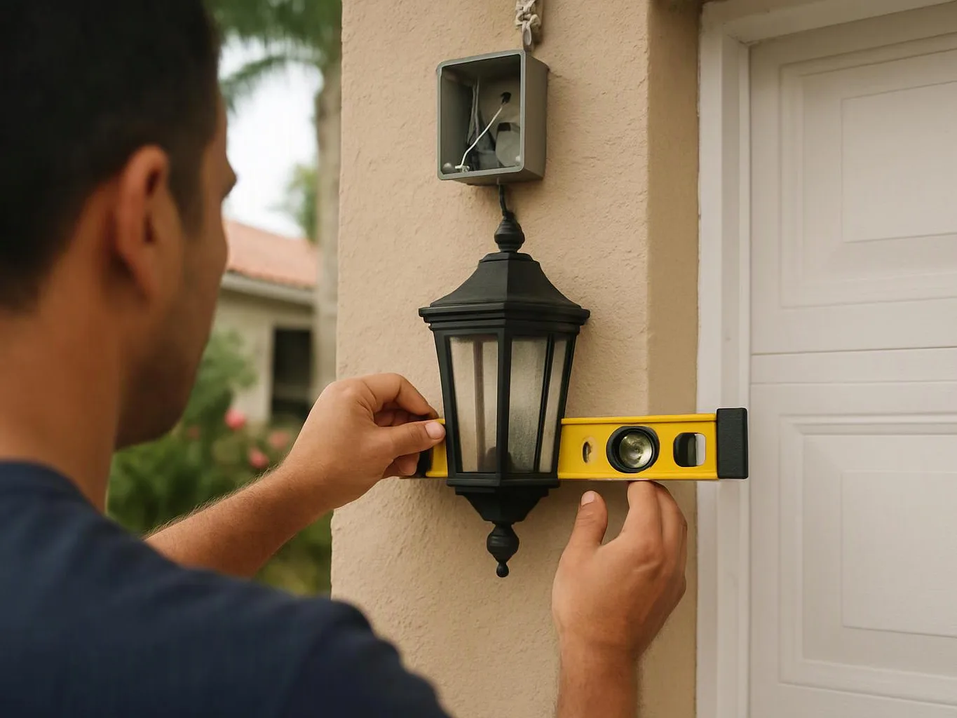 A person uses a yellow level to align a black wall lantern beside a garage door