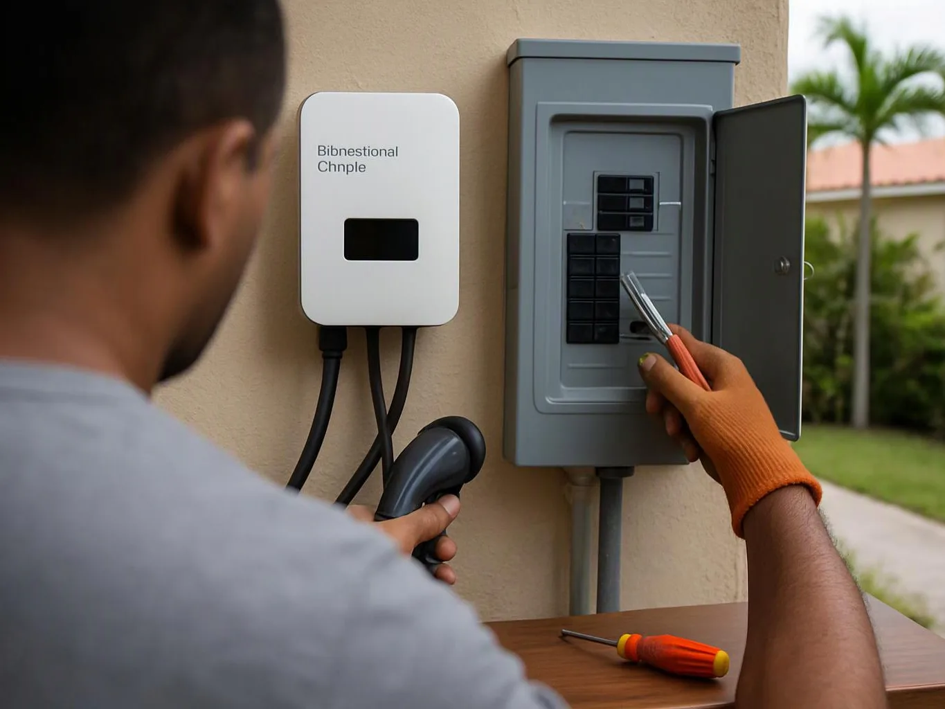 A person works on an open electrical panel beside a white wall-mounted device, holding a tool and cable outdoors