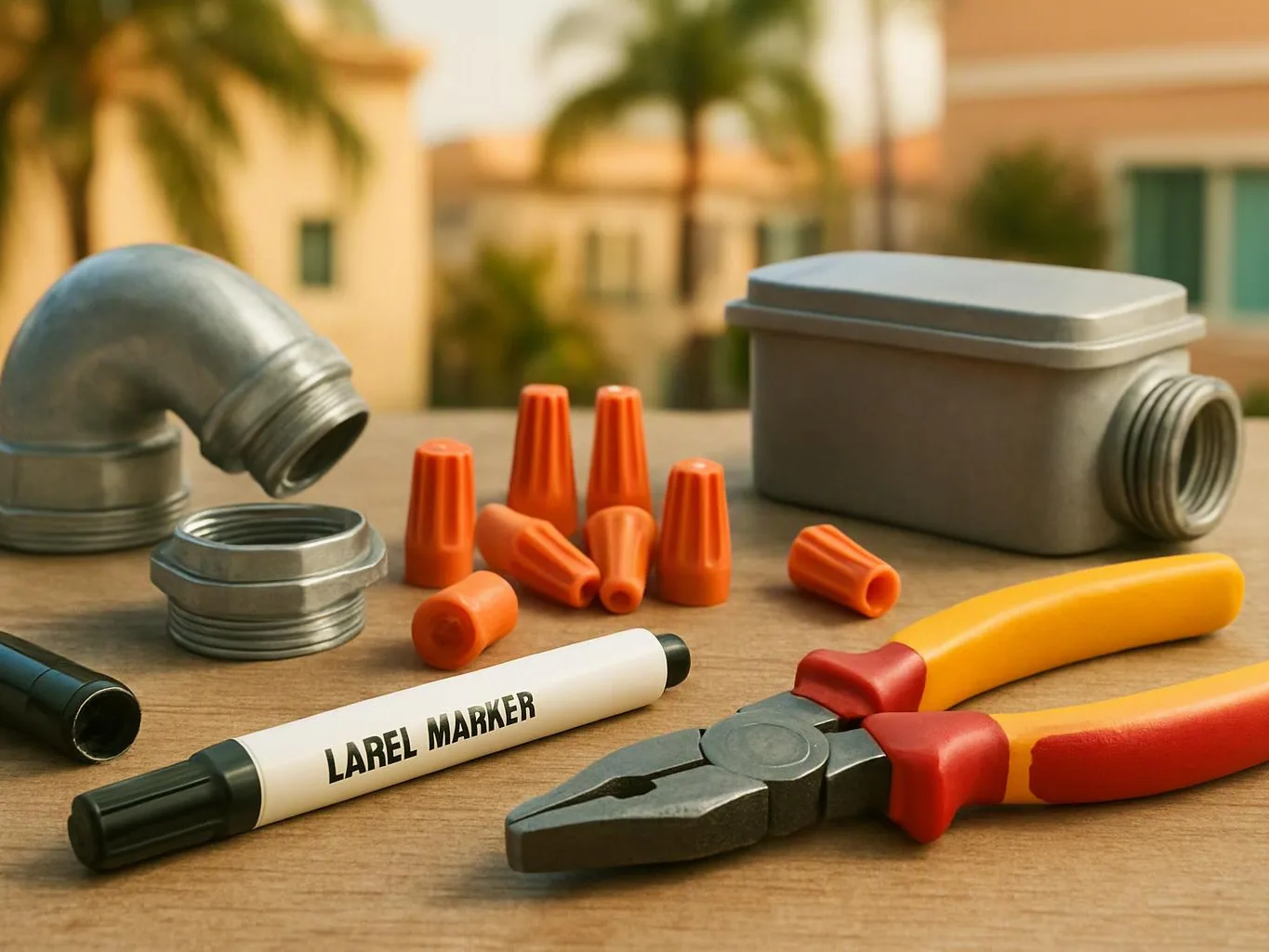A pipe fitting, wire nuts, a label marker, and pliers sit on a wooden table outdoors