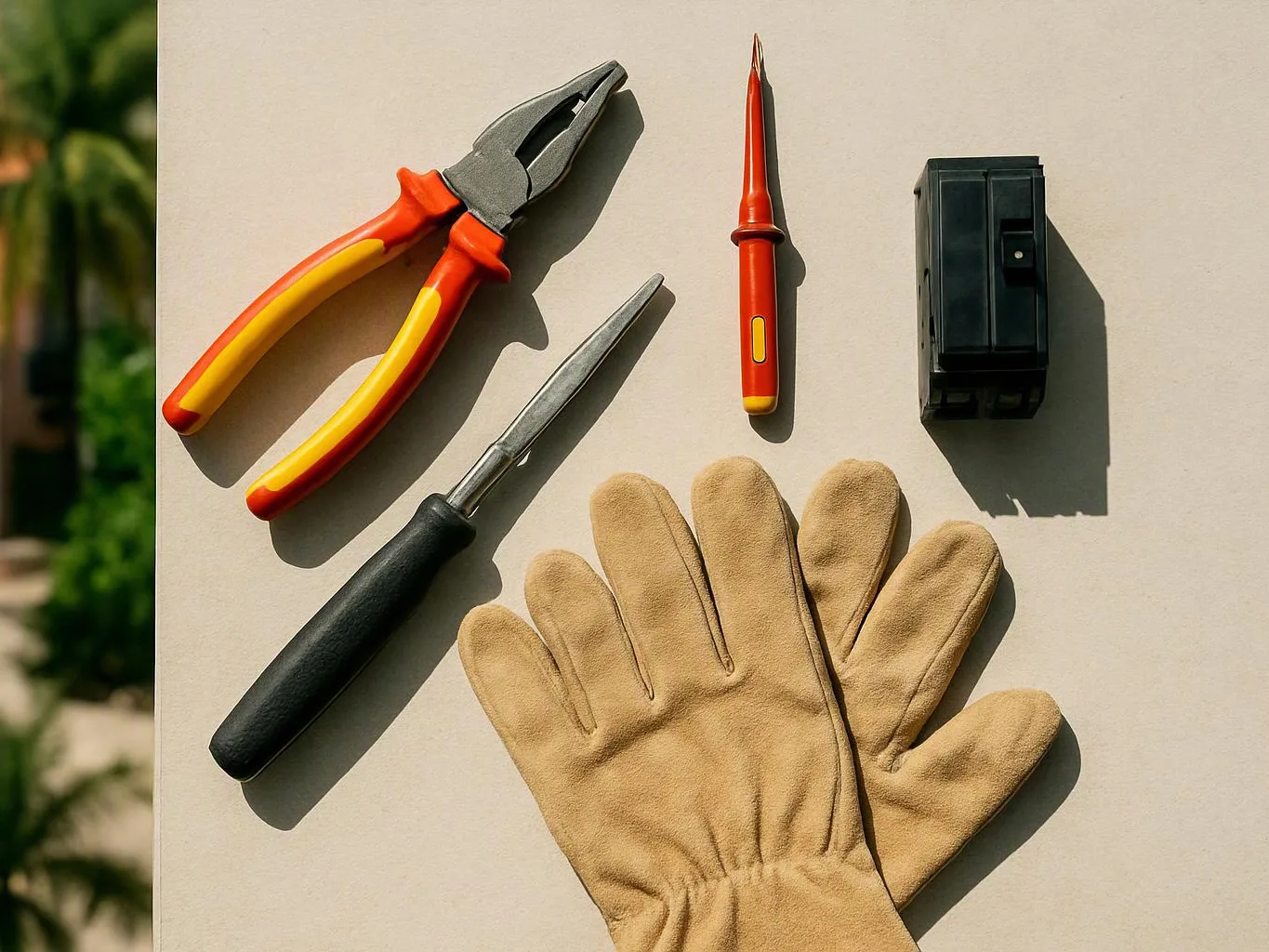 Plier, screwdriver, pen tester, gloves, and a black circuit breaker are arranged on a light surface