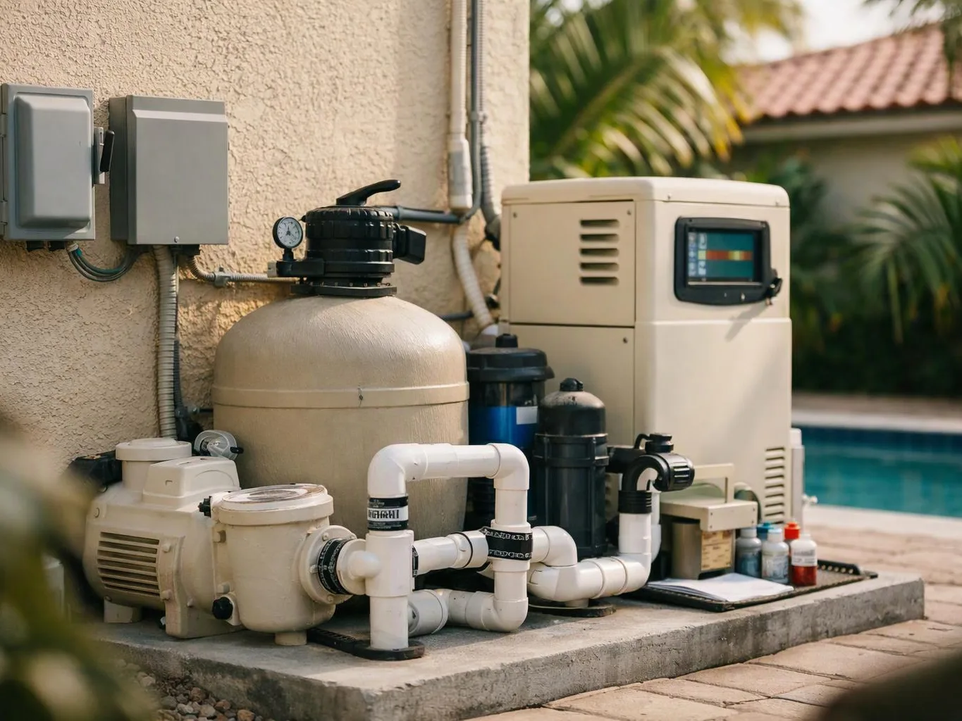 Pool filtration equipment and pumps sit beside a house wall near a backyard pool
