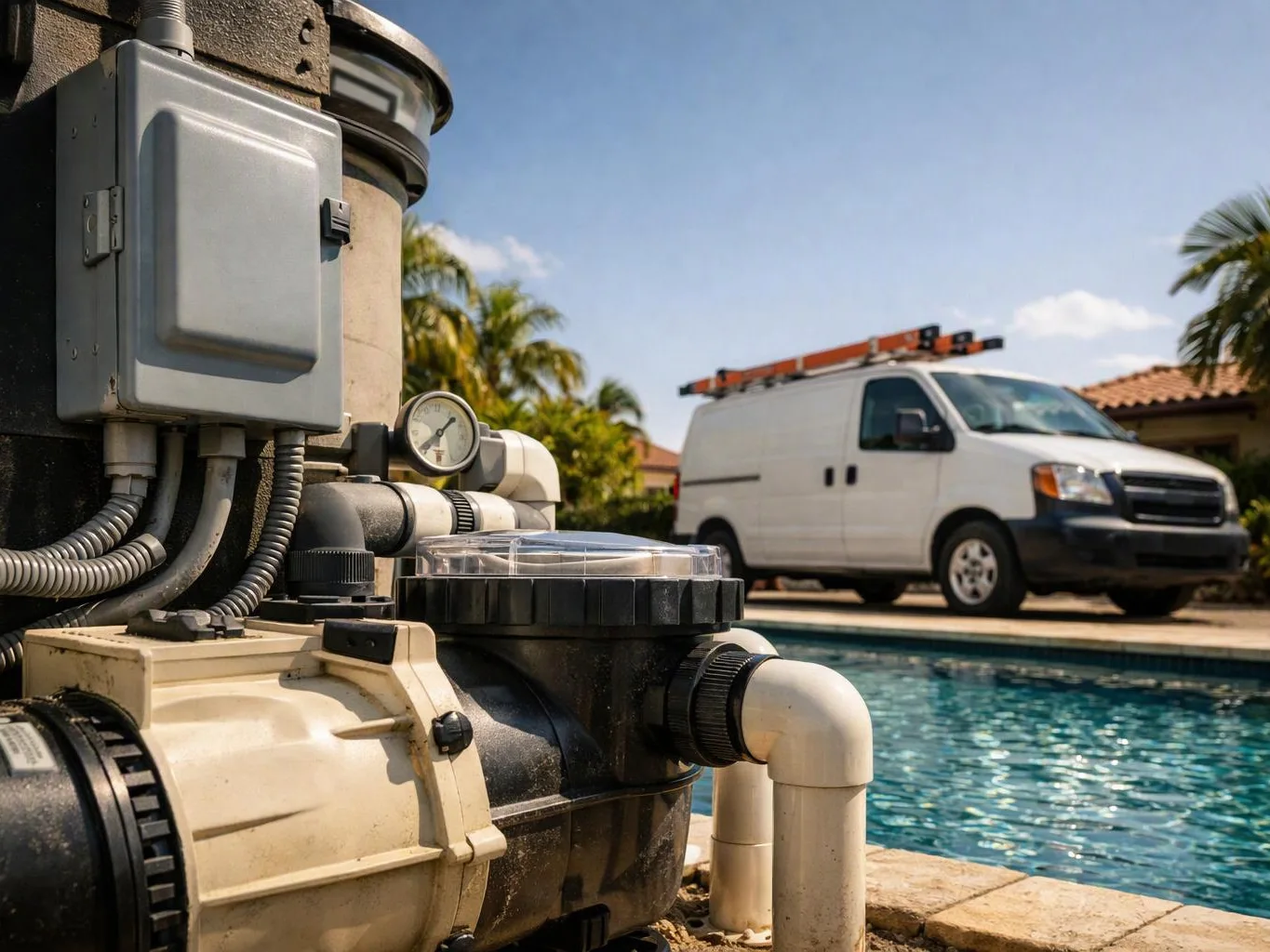 Pool pump equipment sits beside a backyard pool, with a white service van parked in the background