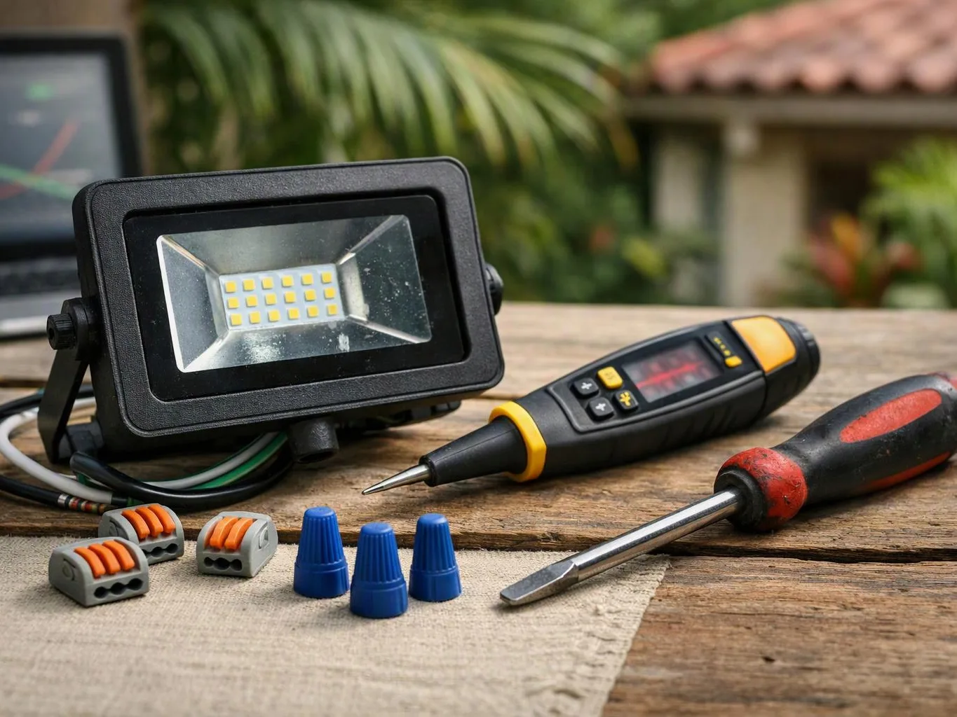 A portable work light, voltage tester, screwdriver, wire connectors, and caps rest on a wooden table outdoors