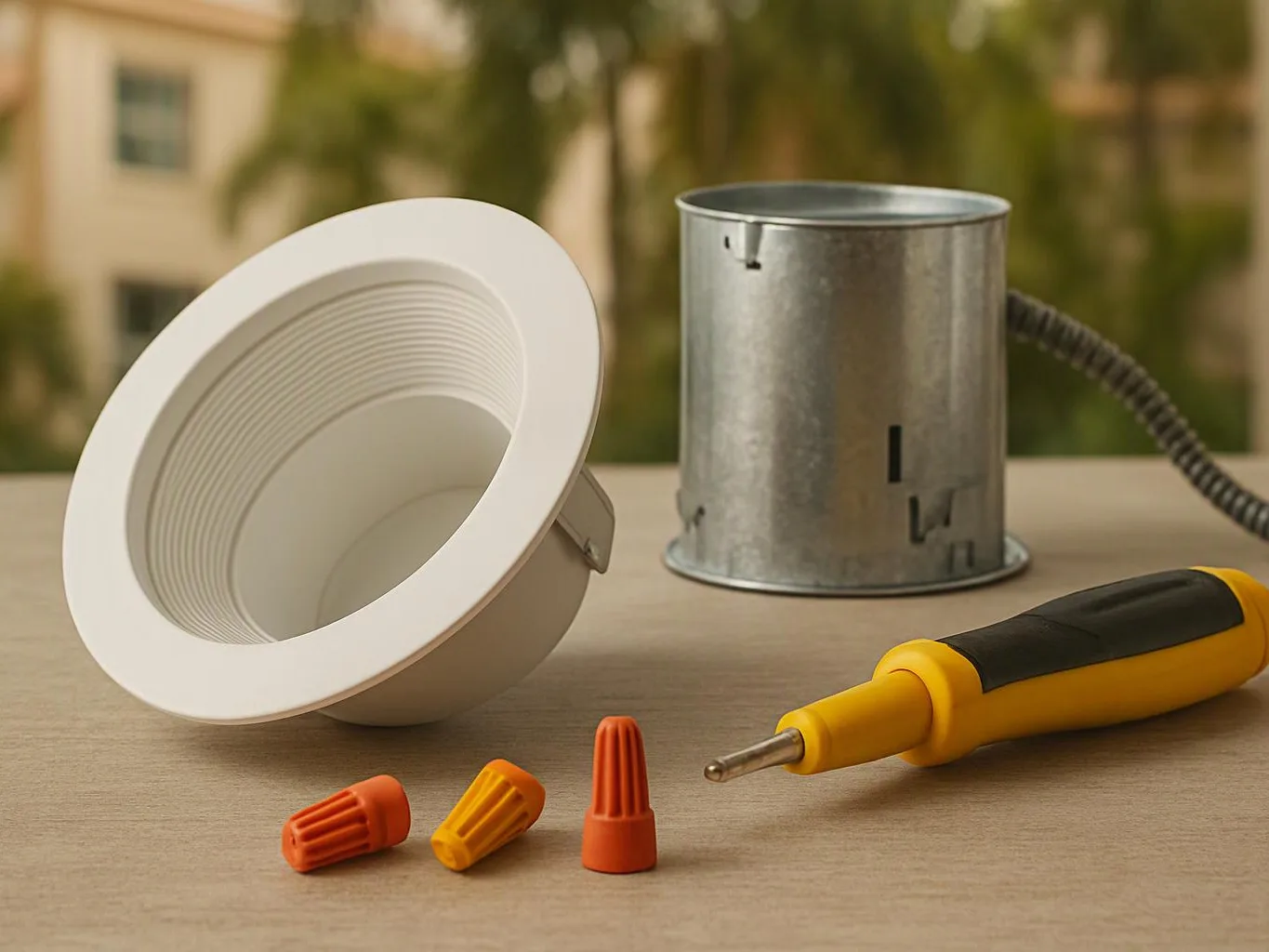 A recessed light fixture, junction box, wire, and screwdriver sit on a wooden surface outdoors
