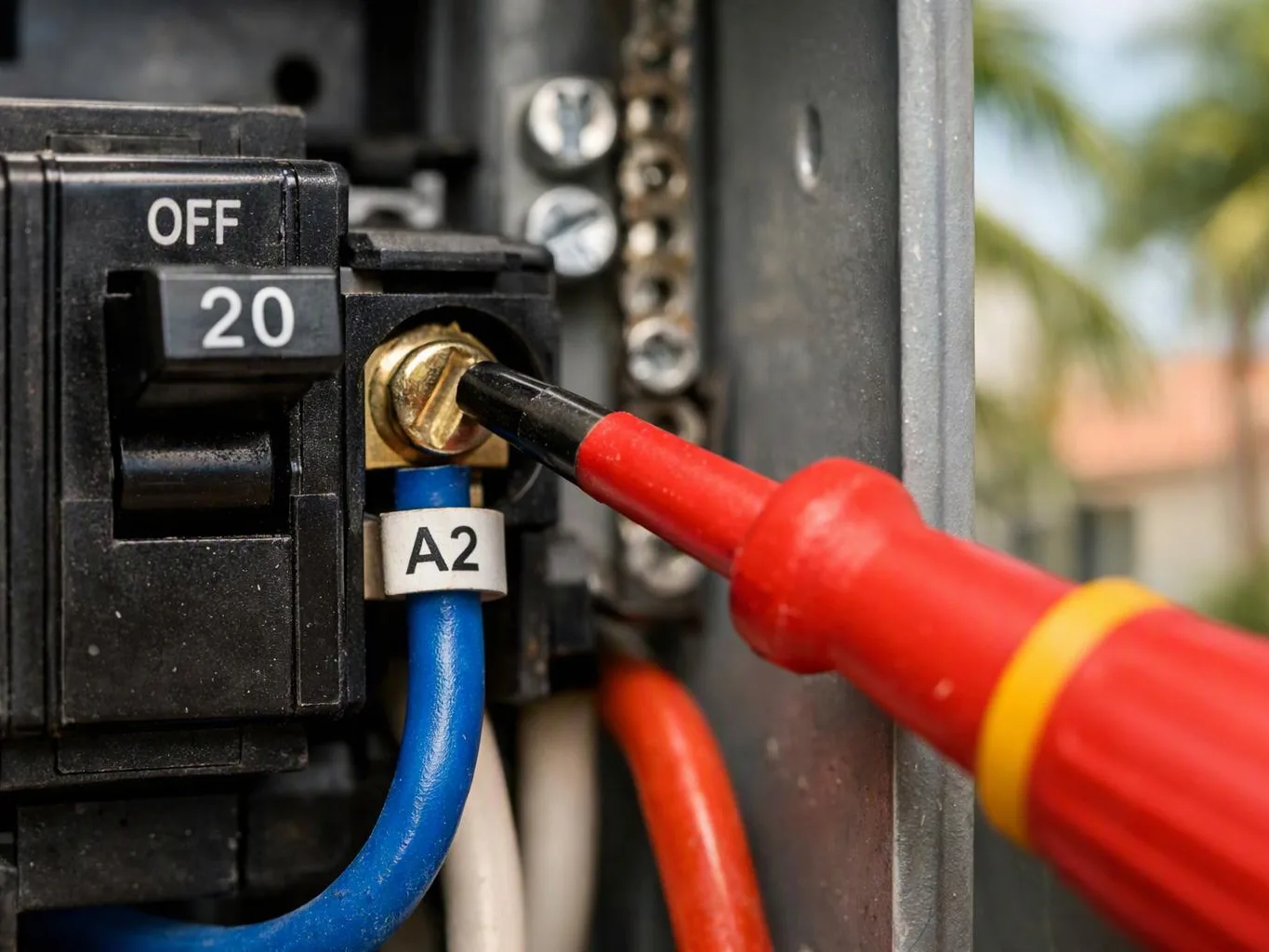 A red screwdriver adjusts a screw inside an electrical panel beside a breaker labeled 20 and OFF