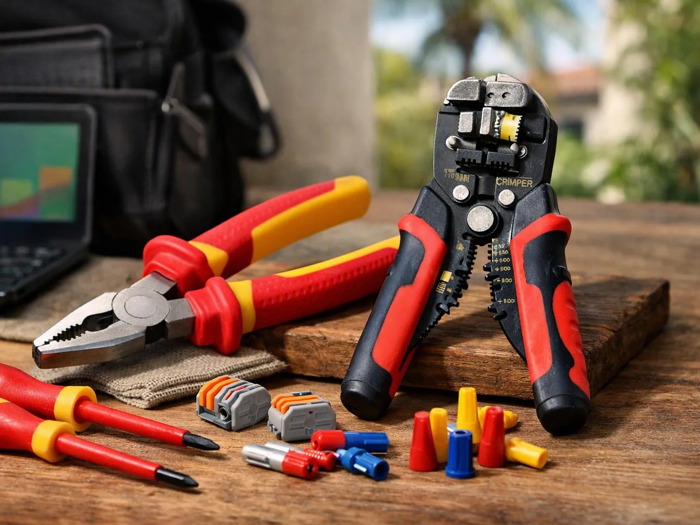 Red and yellow hand tools, wire connectors, and test probes sit on a wooden workbench outdoors