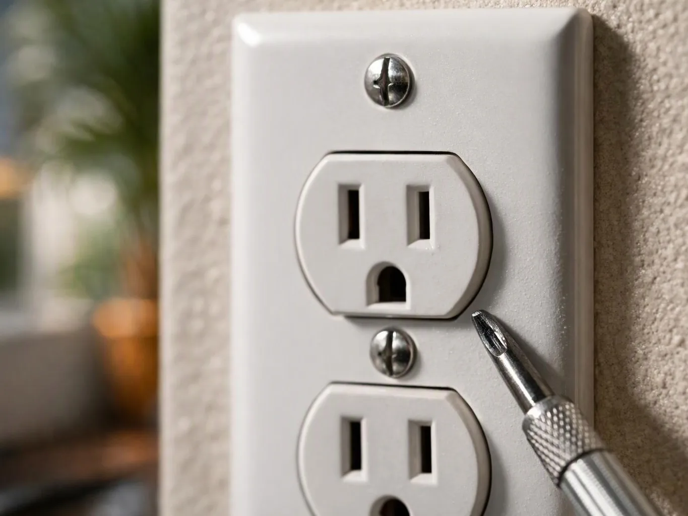 A screwdriver points at a wall electrical outlet on a textured indoor wall