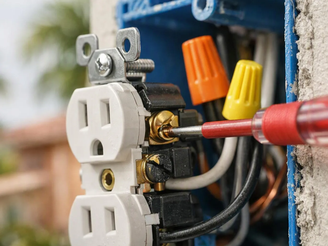 A screwdriver tightens a screw on an electrical outlet inside a blue wall box with exposed wires